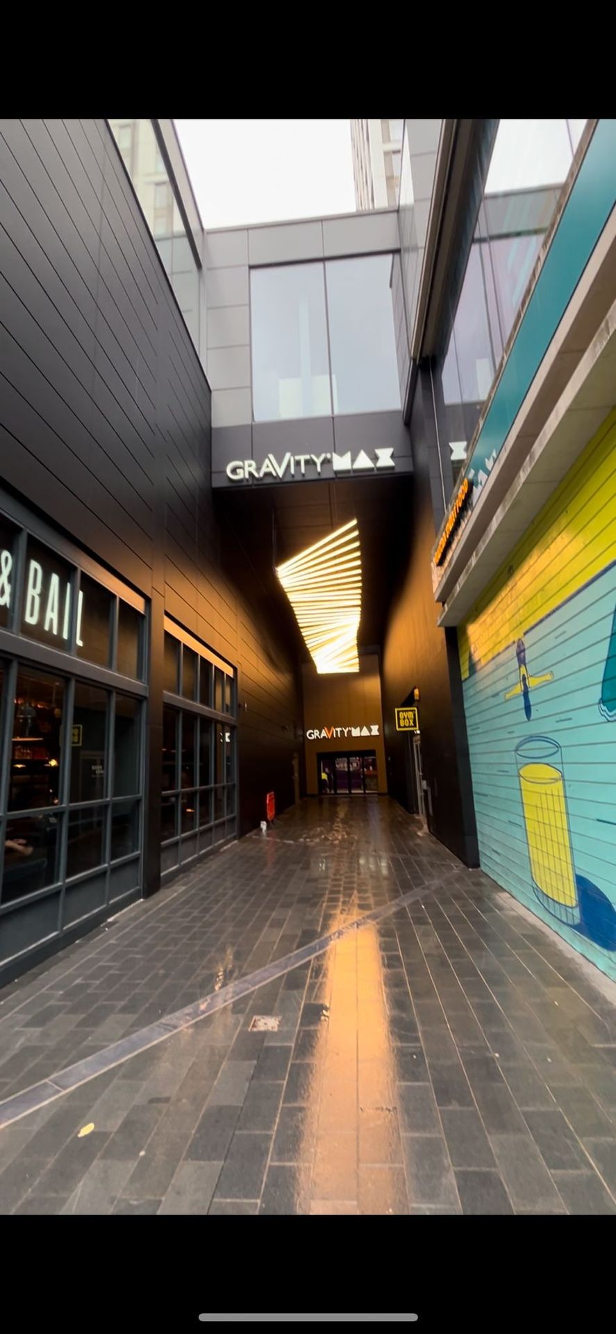 Modern alleyway with 'Gravity Max' signs and colorful wall art.